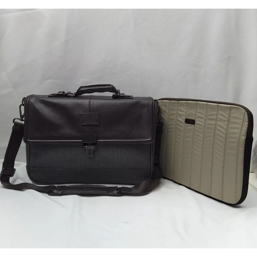 Tumi Brown Leather Gray Canvas Pushlock Laptop Briefcase Business Crossbody Bag